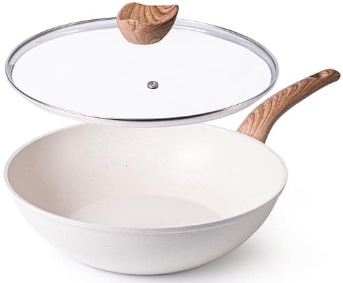 Image of nuovva Induction Non Stick Wok Pan – Deep Stir Fry Pan with Glass Lid – 28cm Cream Frying Pan with Induction Base
