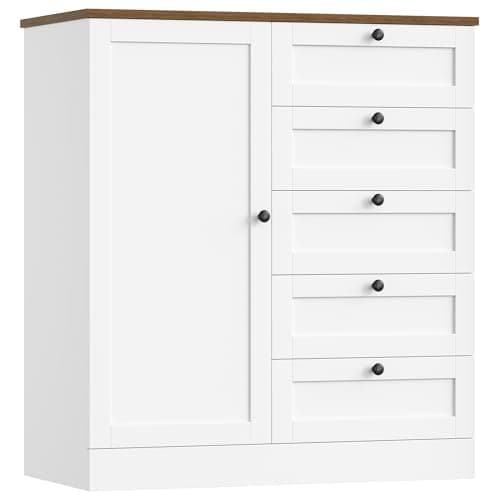 Image of HOCSOK Sideboard, Kitchen Storage Cabinet, White Cupboard with 1 Door and Large Chest of 5 Drawers, Buffet Cabinet for Living Room, Kitchen, Hallway, Study, 85.5x40x97cm