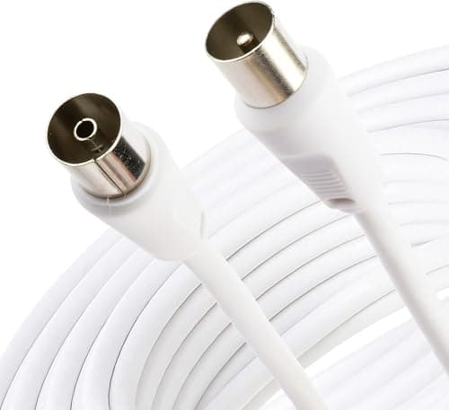Image of D.A.Y. Republic 10m TV Aerial Coax Cable with Female Adapter - Coaxial Satellite Antenna AV Lead Male to RF Connector Extension Silver FreeView, FreeSat, Sky Box, BT (10m Plug to Socket Cable)