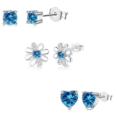 Image of DOA 3 Pairs 925 Sterling Silver Plated Stud Earrings Set for Girls, Cute Heart Daisy Cubic Zirconia Girls Earrings, Tiny Hypoallergenic Cartilage Earring for Teen Women-Blue