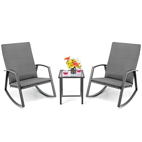 Image of COSTWAY 3 Piece Rattan Furniture Set, Patio Bistro Rocking Chairs Set with Cushions and Tempered Glass Coffee Table, Outdoor Wicker Weave Conversation Sofa Set for Garden Balcony Poolside (Grey)