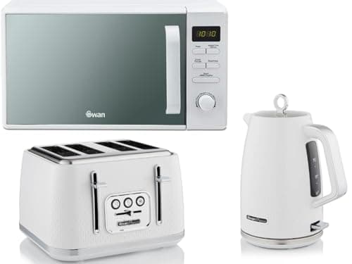 Image of Swan Elegance White 1.7L 3KW Kettle, 4 Slice Toaster and 800W 20L Digital Microwave SM4421WHT. Contemporary Matching Kitchen Set with a Sleek White Finish