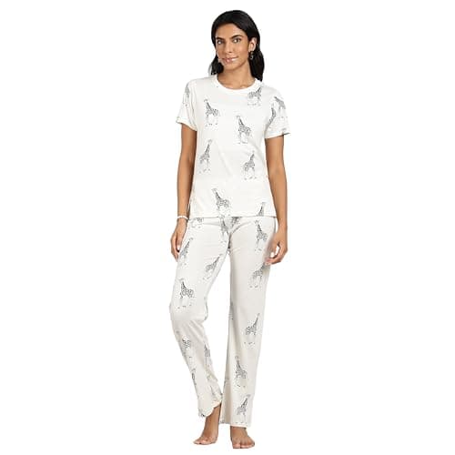 Image of TURTLE Cotton Pyjama Set Women’s Giraffe Print – 100% Cotton Nightwear Lounge Set (XL, Cream)