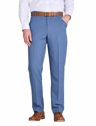 Image of Farah Men's Frogmouth Pocket Formal Flat Front Trousers with Easy Care Non-Iron Finish & Gripper Waistband Denim 32W / 33L