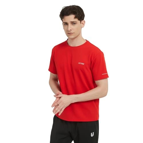 Image of FITTUX Men’s Running T-Shirt – Lightweight, Moisture-Wicking Gym Top – Slim Fit Activewear for Training, Fitness, Football – Black or Red (UK, Alpha, M, Regular, Regular, Standard, Red)