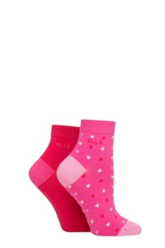 Image of ELLE Ladies Bamboo Ankle Socks - Soft Breathable Cooling Material, Mixture of Plains & Patterns, Fun,Colourful Multipack of 2 Size 4-8 (UK, Numeric, 4, 8, Regular, Regular, Cherry Fizz Hearts)