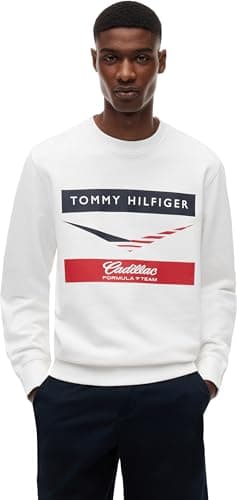 Image of Tommy Hilfiger Unisex Sweatshirt TH X Cadillac F1 Chevron Crew Neck in Cotton, White (White), L
