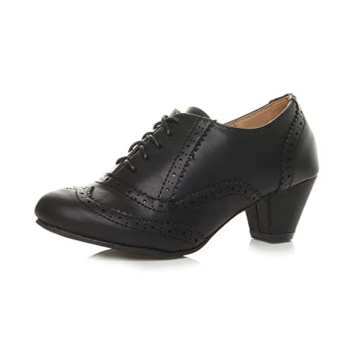 Image of Ajvani Womens Ladies mid Block Heel Cut Out lace up Brogue Shoe Boots Booties, Black Matte Brogue, 4 UK