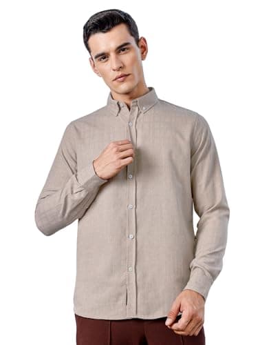 Image of Thomas Scott Men's Plain Long Sleeve Polyester Blend Casual Button Down Collar Men's Shirts, beige, XL