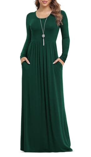 Image of Anelune Dresses for Women Long Sleeve Loose Plain Plus Size Maxi Dresses Casual Long Dresses with Pockets Dark Green X-Large