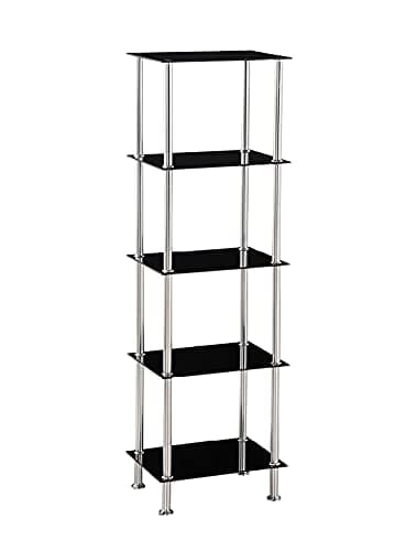 Image of Modernique Glass Shelf Tier Storage Unit, Rectangular in Black or Clear Glass with Chrome Stand, Shelving Unit (Black, Tier 5)