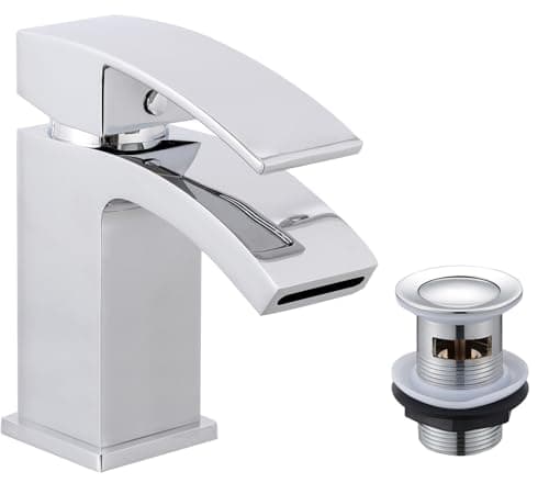 Image of KINGBATH™ Single Lever Mini Mono Basin Mixer Tap with Click Clack Sprung Waste Bathroom Sink Hot and Cold Faucet Solid Brass Modern Chrome Easy to Fit/Install Chrome Plated