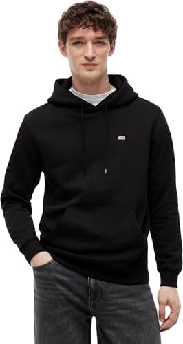 Image of Tommy Jeans Men's TJM Reg S Flag Fleece Hoodie Dm0dm20742bds004 Zip Through Hoodie, Black (Black), L