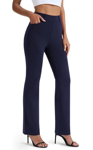 Image of AFITNE Women's Straight Leg Work Trousers - Tummy Control Bootcut Yoga Pants for Women, Ladies Workout Office Yoga Work Trousers with 4 Pockets - 31 Inches - NavyBlue L