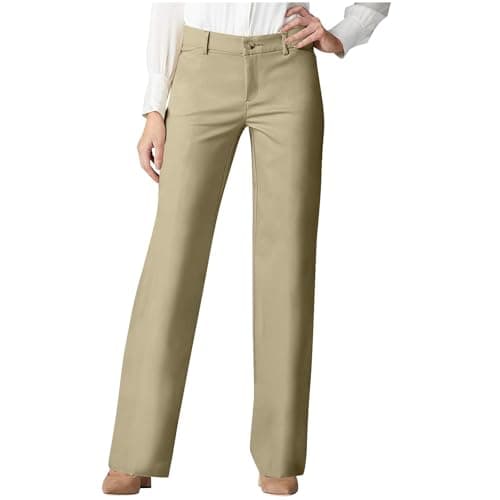 Image of Women's Straight Leg Smart Trousers Comfortable Casual Versatile Tailored Trousers with Pockets Elegant Solid Colour Formal Office Work Suit Pant Beige
