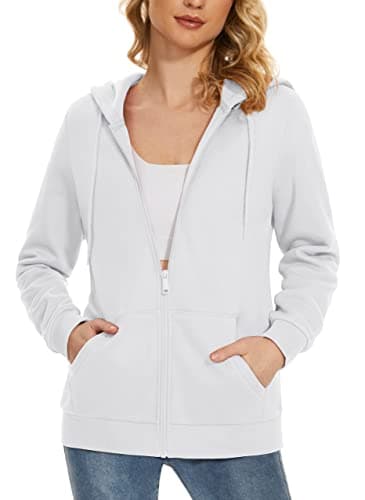 Image of MAGCOMSEN Women's Fleece Hooded Sweatshirt Zip Up Casual Long Sleeves Outerwear Tops For Ladies With Pockets,White,M