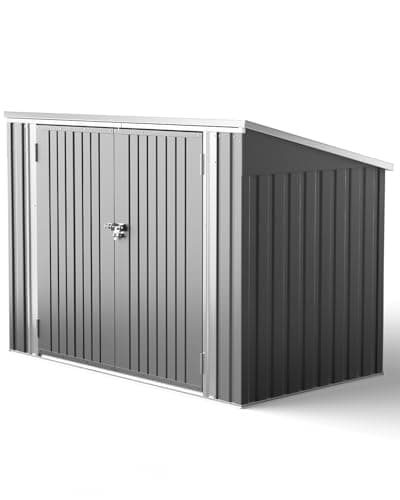 Image of XEMQENER Bike Shed Storage Outdoor, Lockable Garden Storage Shed with Door and Sloping Roof, Waterproof Metal Galvanized Steel Sheds for Bike, Garden Tools, Garbage Bins, Grey,(L176x W105x H130 cm)