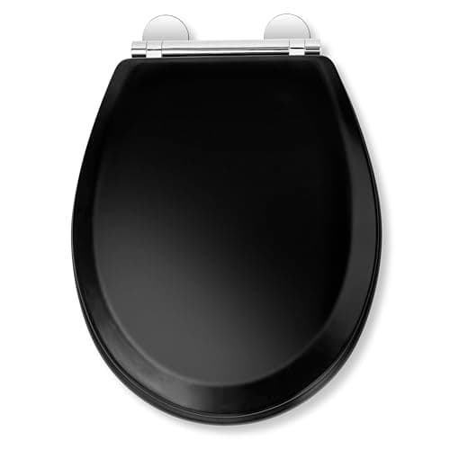 Image of Croydex Lene Flexi-Fix Matt Black Soft Close Toilet Seat - Quick Release Button for Easy Cleaning and Adjustable Hinges to fit All Standard Toilets with Top and Bottom Fixings, Antibacterial (Black)
