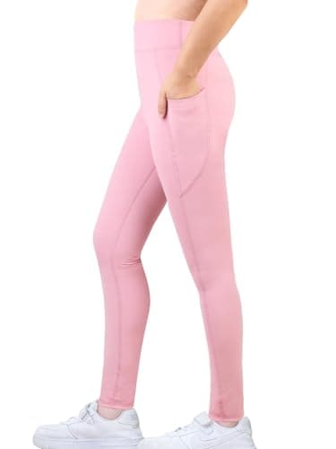 Image of Monbessi Girls Sports Leggings with Pockets High Waisted Kids Workout Leggings Yoga Dance Gym Pants 5-12 Years(150, Pink)