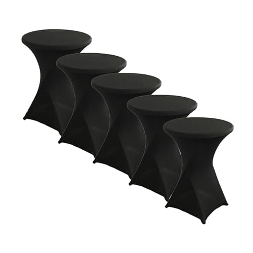 Image of iEventStar Stretch Bar Table Covers, Spandex Bar Table Covers, Bar Tables, Wedding Round Tablecloth for Bistro Table, Cocktail Party (Black, Set of 5, Diameter 60-65 cm)