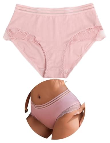 Image of ohmydear Women's Pink Knickers High Waist Cotton Crotch Sexy Underwear Everyday Comfort Lace Trim Ladies Brazilian Knickers Full Coverage Panties, UK 14