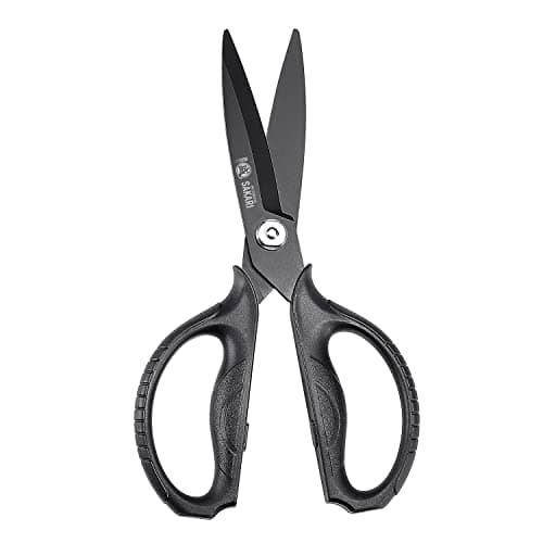 Image of MITSUMOTO SAKARI Japanese Kitchen Scissors All Purpose, Black Titanium Plated Heavy Duty Kitchen Shears, Multipurpose Cooking and Herb Scissor, Micro Serrated