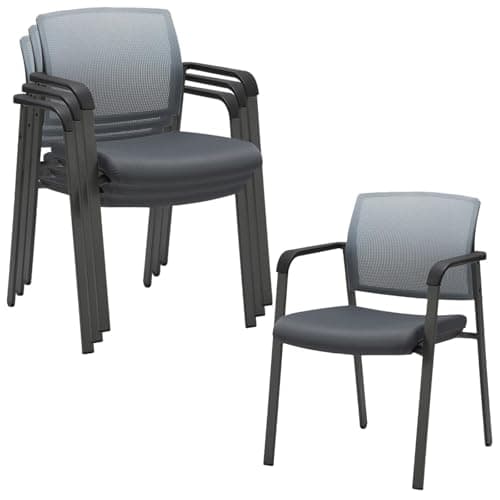 Image of CLATINA Mesh Back Stacking Arm Chairs with Upholstered Fabric Seat Ergonomic Lumbar Support Stackable Desk Chair for Office School Classroom Church Guest Reception Meeting Conference, Grey, 4 Pack