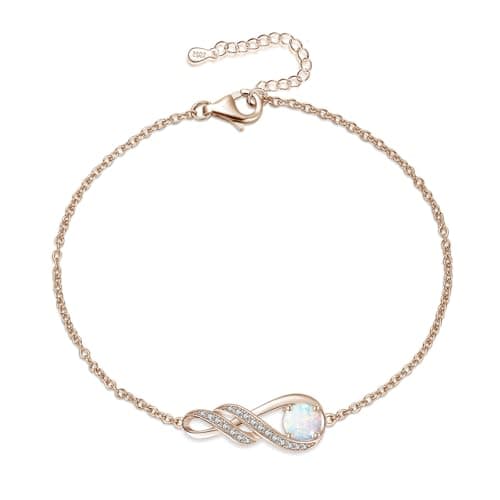 Image of LOCIBLO October Birthstone Bracelets for Women 925 Sterling Silver Created White Opal Bracelet Rose Gold Plated Infinity Pendant Jewellery, 6.7"+1.2"
