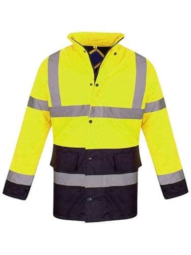 Image of shelikes Hi Vis Viz Jackets High Visibility Parka Workwear Security Safety Fluorescent Hooded Padded Waterproof Work Wear Jacket Coat Yellow/Navy