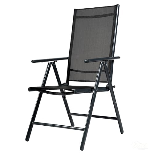 Image of BPIL Folding Aluminium Garden 7-Position Recliner, XL Lightweight Outdoor Patio Dining Chairs with Armrests, Grey, black Textilene, Adjustable High Backrest for Camping or Relaxing (1 PIECE)