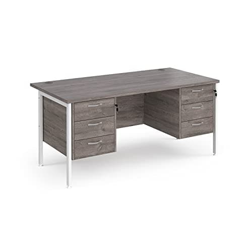 Image of Mr Office Maestro 25 straight desk 800mm deep with two x 3 drawer pedestals - white H-frame leg, 1600, Grey oak