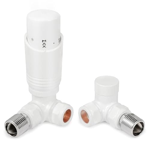 Image of VANCOCO Glossy White Thermostatic Radiator Valves 15mm (TRV) with Lockshield, 1/2"×15mm Corner Radiator Thermostat Valve, H62 Brass, Energy Saving Modern TRV for Central Heating Syetem