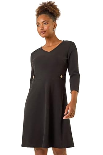 Image of Roman Originals V-Neck Buttoned Stretch Dress for Women UK - Ladies Everyday Autumn Winter V-Neckline Comfy Soft Evening Vacation Work Party Night Out - Black - Size 16