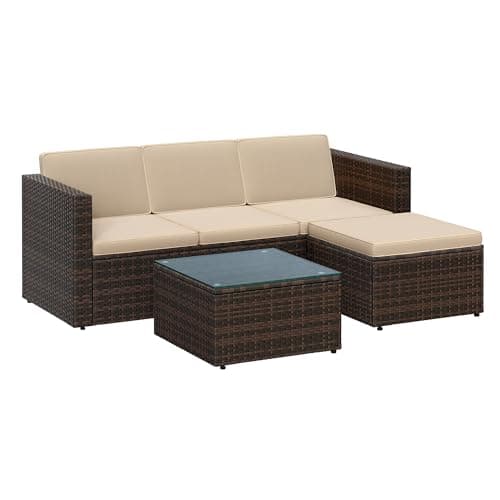 Image of SONGMICS Garden Furniture Set, PE Outdoor Corner Sofa Couch, Handwoven Rattan Patio Conversation Set, with Cushions and Glass Table, Brown and Taupe GGF005K05
