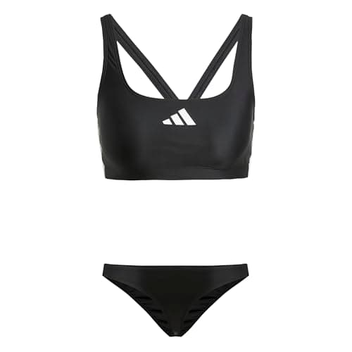Image of adidas Women's 3 Stripes V-Back Bikini Swimwear, Black/White, 32"