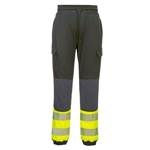 Image of Portwest PW3 Hi-Vis Flexi Joggers Work Trousers 4-Way Stretch Slim Fit Jogging Bottoms Reinforced Knees Reflective Tape Workwear Pants Multi-Pocket Elastic Waist, Black/Yellow XXL