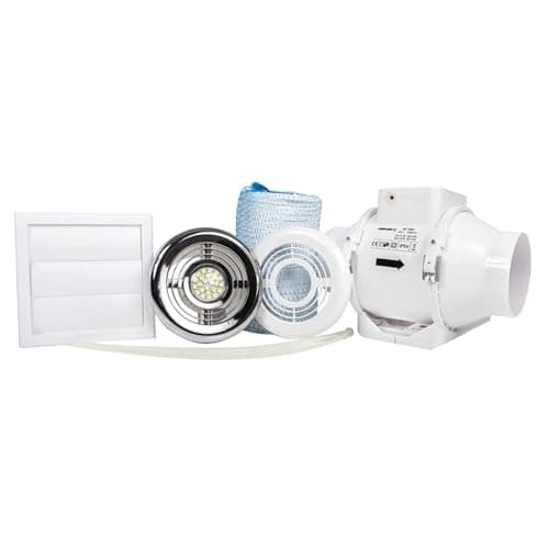 Image of Airflow Aventa 100mm Timer In-Line Extractor Fan Kit with LED Lamp – Includes 6m Flex Duct, Ties, Chrome & White Grilles, External Grille – 2 Speed, Adjustable Timer - 3 Years Warranty