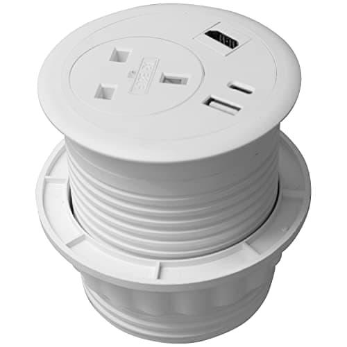 Image of Allcam G8-series Commercial Grommet Power I Extension Socket for Desks with Ø80mm Cable Hole, USB A+ C PD Chargers, High Definition AV, UK Socket in White