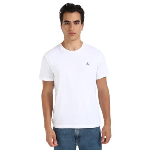 Image of Calvin Klein Men's 2 Pack Monologo Short Sleeve Round Neck T-Shirts, Multicolor (India Ink/Bright White), XXL
