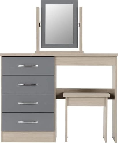 Image of Kelsey Stores Modern 4 Drawers Dressing Table With Stool And Mirror Makeup Vanity Dresser Set Nevada In (Grey Gloss/Light Oak Effect)