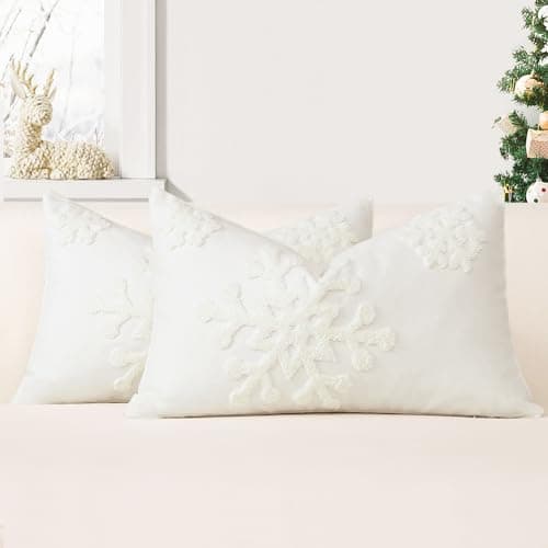 Image of JOTOM Set of 2 Christmas Decorative Winter Snowflake Cushion Covers 30x50 cm Throw Pillow Covers Embroidery Cushion Cases Holiday Decor Soft Pillowcases for Couch Sofa Bedroom Car (Cream White)