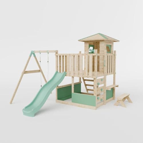 Image of Waltons Wooden Outdoor Kids LittleSummit Small Tower Playhouse with Swing & Toddler-Friendly Features | Pressure-Treated Timber Garden Playset for Children | Handmade in the UK