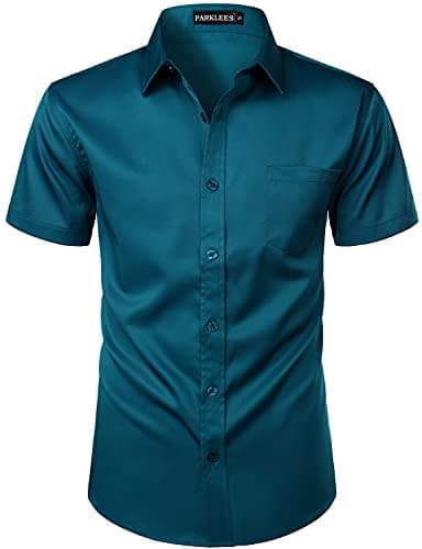 Image of PARKLEES Mens Casual Urban Stylish Slim Fit Short Sleeve Button Up Dress Shirt with Pocket ZLSC15 Teal L