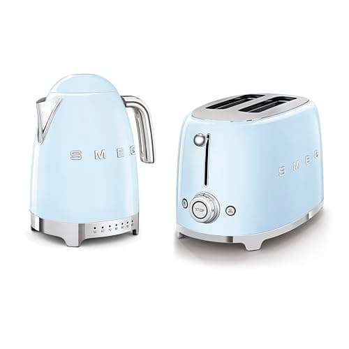Image of Smeg 50’s Style Retro Range Breakfast Set, 1.7L 3000W Variable Temperature Kettle and Multi-Functional Control 2-Slice 950W Toaster, Pastel Blue, KLF04PBUK/ TSF01PBUK