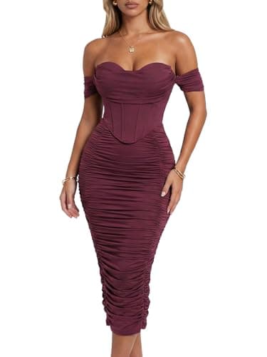 Image of CurvySweet Women's Off the Shoulder Midi Dress Built-in Bra Ruched Corset Bodycon Formal Night Out Cocktail Party Dresses Burgundy
