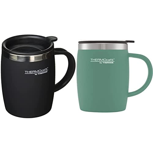 Image of ThermoCafé by Thermos 105102 Desk Mug, Stainless Steel/Plastic, Soft Touch Black, 14 x 9 x 12 cm & Thermos 170946 Desk Mug, Duck Egg, 450 ml, 1 Count (Pack of 1)