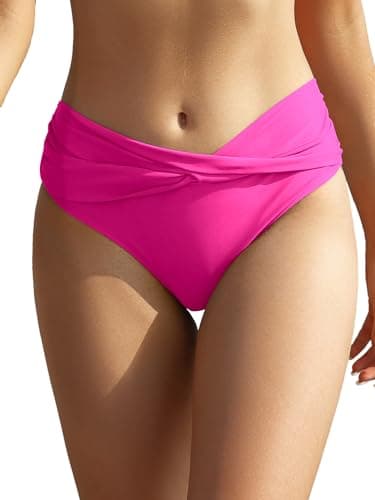 Image of SHEKINI Women's Bikini Bottom Twist Front Swimsuit Brief Ruched Medium Waisted Bathing Suit Bottoms Pink