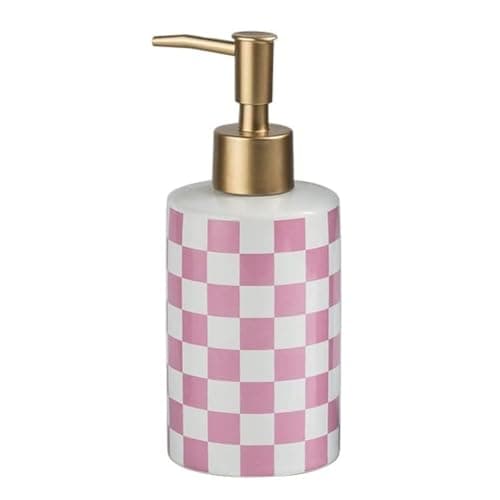 Image of Checkered Ceramic Soap Dispenser with Rust Proof Gold Matte Pump Decorative Soap Dispenser for Bathroom or Kitchen (Pink & White)