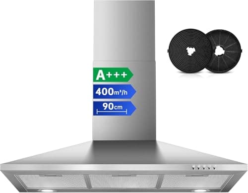 Image of SNDOAS Chimney Cooker Hood 90cm, 400m³/h Extractor Fan for Kitchen with Carbon Filters, A+++, 3-Speed with LED Lights, Recirculating & Ducting Modes Wall Mounted Range Hood, Silver
