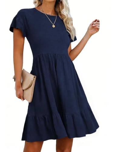 Image of LEEDYA Women Summer Midi A Line Dress Short Sleeve Casual Flowy Tiered Beach Long Sundress with Pockets 2026 Vacation Travel Blue M